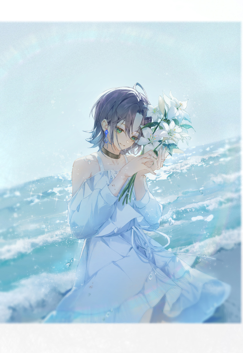 absurdres ahoge asakura_toru beach black_choker blue_dress choker collarbone dress female fingernails flower highres holding holding_flower idolmaster idolmaster_shiny_colors jueduizhi letterboxed off-shoulder_dress off_shoulder outdoors purple_hair short_hair smile solo