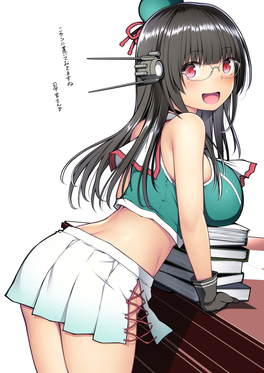 absurdres beret black_gloves black_hair blush book breasts choukai_(kancolle) choukai_kai_ni_(kancolle) cowboy_shot female gloves green_hat hat headgear highres kantai_collection kuromayu large_breasts long_hair looking_at_viewer open_mouth pleated_skirt red_eyes rimless_eyewear simple_background skirt smile solo translation_request uniform white_background white_skirt