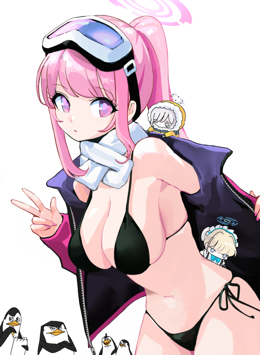 bikini bird black_bikini blue_archive breasts chibi chibi_on_shoulder cleavage cowboy_shot crossover eimi_(blue_archive) eimi_(swimsuit)_(blue_archive) female fingernails goggles goggles_on_head halo highres himari_(blue_archive) jacket kowalski_(madagascar) large_breasts leaning_forward long_fingernails looking_at_viewer madagascar_(series) mini_person minigirl mixed-language_commentary navel official_alternate_costume open_clothes open_jacket padded_jacket penguin pink_halo pink_jacket pink_nails ponytail private_(madagascar) rico_(madagascar) scarf side-tie_bikini_bottom sidelocks simple_background ski_goggles skindentation skipper_(madagascar) solo_focus standing swimsuit syk toki_(blue_archive) w white_background white_scarf zipper zipper_pull_tab