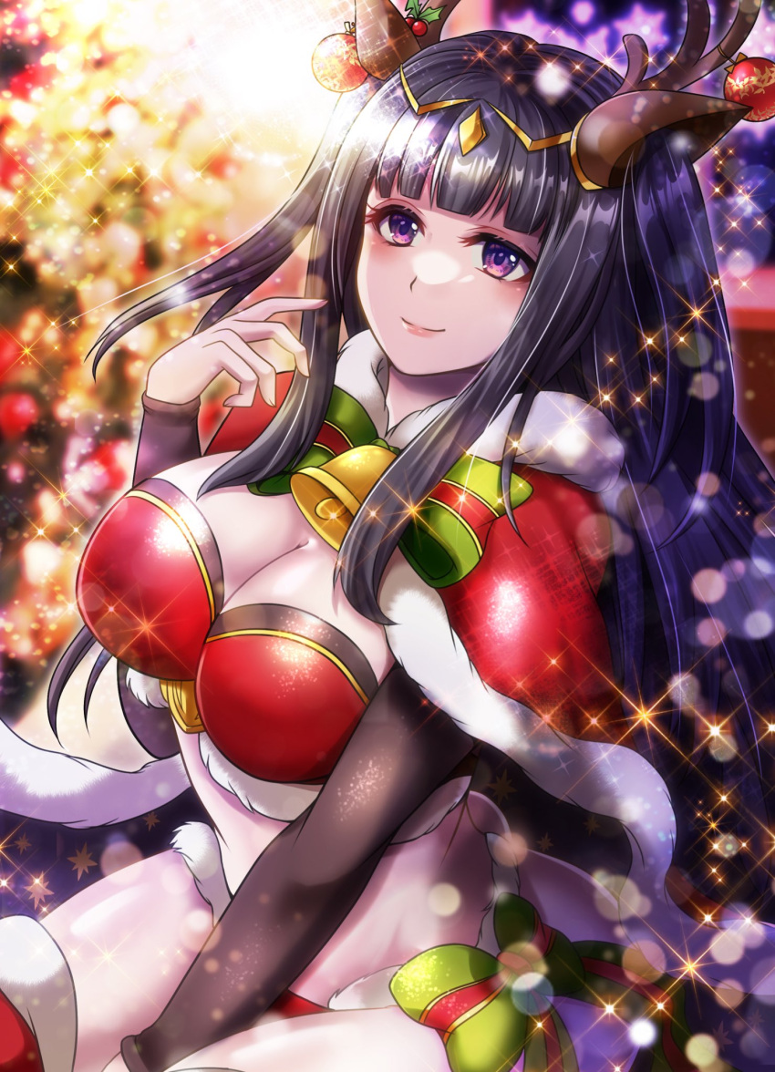 akimiiiii antlers bell bikini black_hair breasts cape christmas christmas_ornaments cleavage fake_antlers female fire_emblem fire_emblem_awakening fire_emblem_heroes fur_cape fur_trim highres horns large_breasts light_particles long_hair long_sleeves looking_at_viewer official_alternate_costume purple_eyes reindeer_antlers ribbon santa_bikini smile solo swimsuit tharja_(fire_emblem) tharja_(winter)_(fire_emblem) thighhighs tiara two_side_up