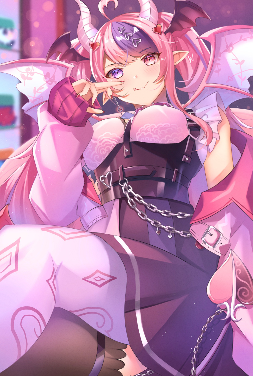 absurdres black_skirt black_thighhighs blush breasts cropped_jacket demon_girl demon_horns demon_wings female hair_ornament head_wings heart heart_hair_ornament heterochromia highres horns ironmouse ironmouse_(13th_costume) jacket large_breasts long_hair looking_at_viewer multicolored_hair multiple_wings nail_polish oerba_yun_fang pantyhose pink_hair pink_jacket pink_shirt pointy_ears purple_eyes purple_hair red_eyes red_nails shirt skin_fang skirt smile solo streaked_hair thighhighs tongue tongue_out twintails virtual_youtuber vshojo white_pantyhose wings zacky