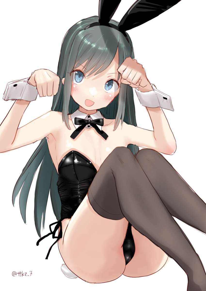 animal_ears asashio_(kancolle) black_hair black_leotard black_thighhighs blue_eyes blush bow bowtie breasts commentary_request covered_navel detached_collar fake_animal_ears female highres kantai_collection leotard long_hair looking_at_viewer playboy_bunny rabbit_ears rabbit_tail sitting small_breasts smile solo strapless strapless_leotard tail tetsukuzu_(yajirushi_shita) thighhighs traditional_bowtie wrist_cuffs