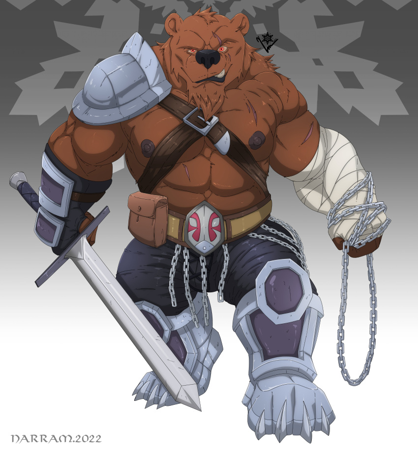 abs absurd_res anthro bandage bear hi_res lustful_desires male mammal melee_weapon muscular muscular_anthro muscular_male narram nipples pecs scar solo sword ursadin_(lustful_desires) ursadin_mercenary_(lustful_desires) weapon