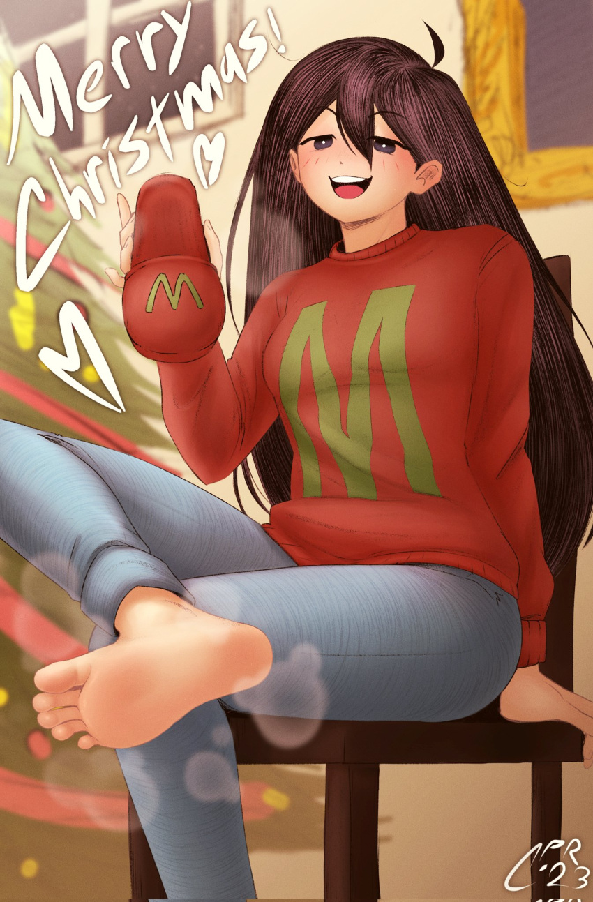 barefoot blush cabronpr christmas_tree crossed_legs denim english_commentary feet female foot_focus highres holding holding_clothes holding_footwear jeans long_hair looking_at_viewer mari_(omori) merry_christmas omocat_(style) omori open_mouth pants parody presenting_foot red_sweater slippers soles solo steam style_parody sweater teeth toes unworn_slippers upper_teeth_only