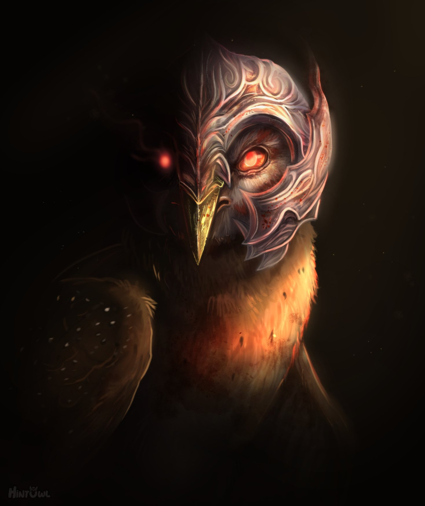 armor avian barn_owl bird black_background brown_body brown_feathers feathers feral guardians_of_ga'hoole headgear headgear_only helmet helmet_only hi_res hintowl kludd male metal_beak owl red_eyes simple_background solo tyto tytonid