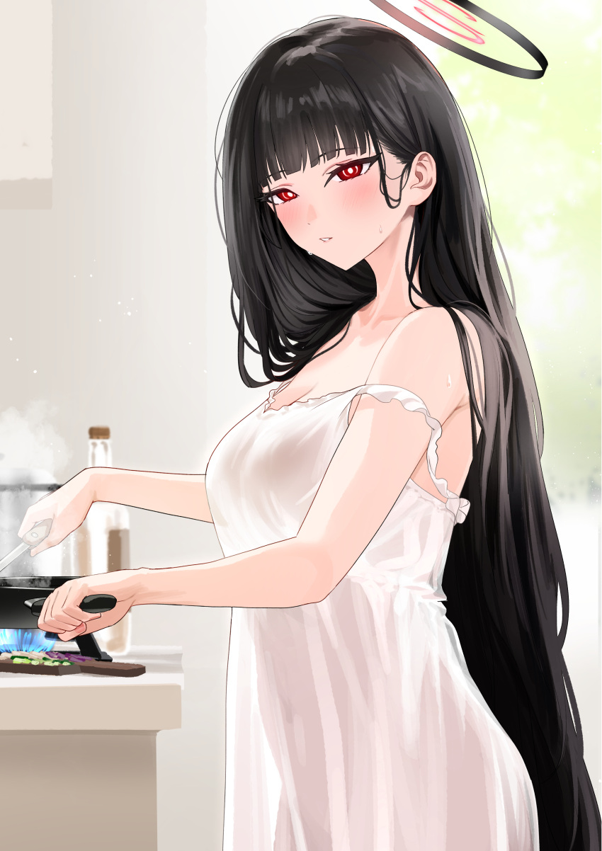 absurdres alternate_costume black_hair blue_archive blue_fire blush bottle breasts bright_pupils cleavage collarbone commentary cooking covered_navel female fire frying_pan hair_ornament hairclip halo highres holding holding_frying_pan indoors kitchen large_breasts long_hair looking_at_viewer looking_to_the_side negligee nonbire parted_lips red_eyes rio_(blue_archive) see-through_silhouette solo steam stove strap_slip sweat very_long_hair white_negligee white_pupils