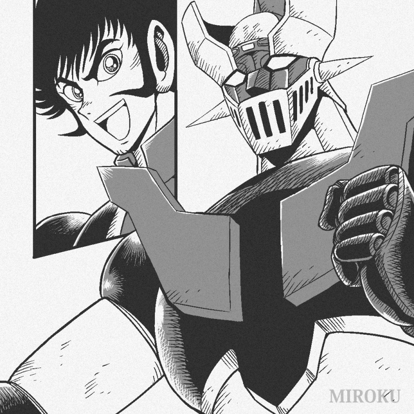 1970s_(style) 1boy artist_name clenched_hand greyscale hair_behind_ear kabuto_kouji male_focus mazinger_(series) mazinger_z mazinger_z_(mecha) mecha miroku_(miroku_t) monochrome official_style open_mouth retro_artstyle robot science_fiction sideburns signature super_robot v-shaped_eyebrows white_background