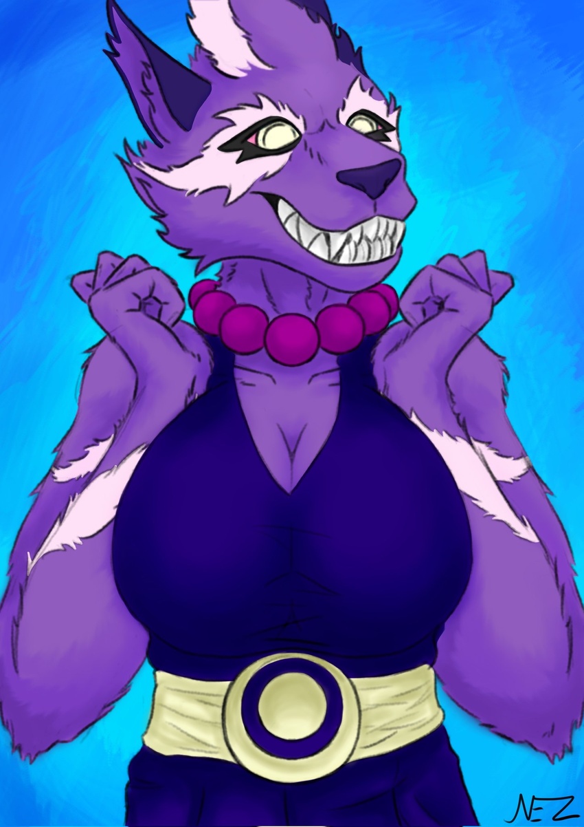 anthro asuri_(brawlhalla) brawlhalla breasts clothing dress felid feline female fur hi_res jewelry looking_at_viewer mammal markings necklace neztiks pantherine purple_body purple_clothing purple_fur simple_background solo tiger