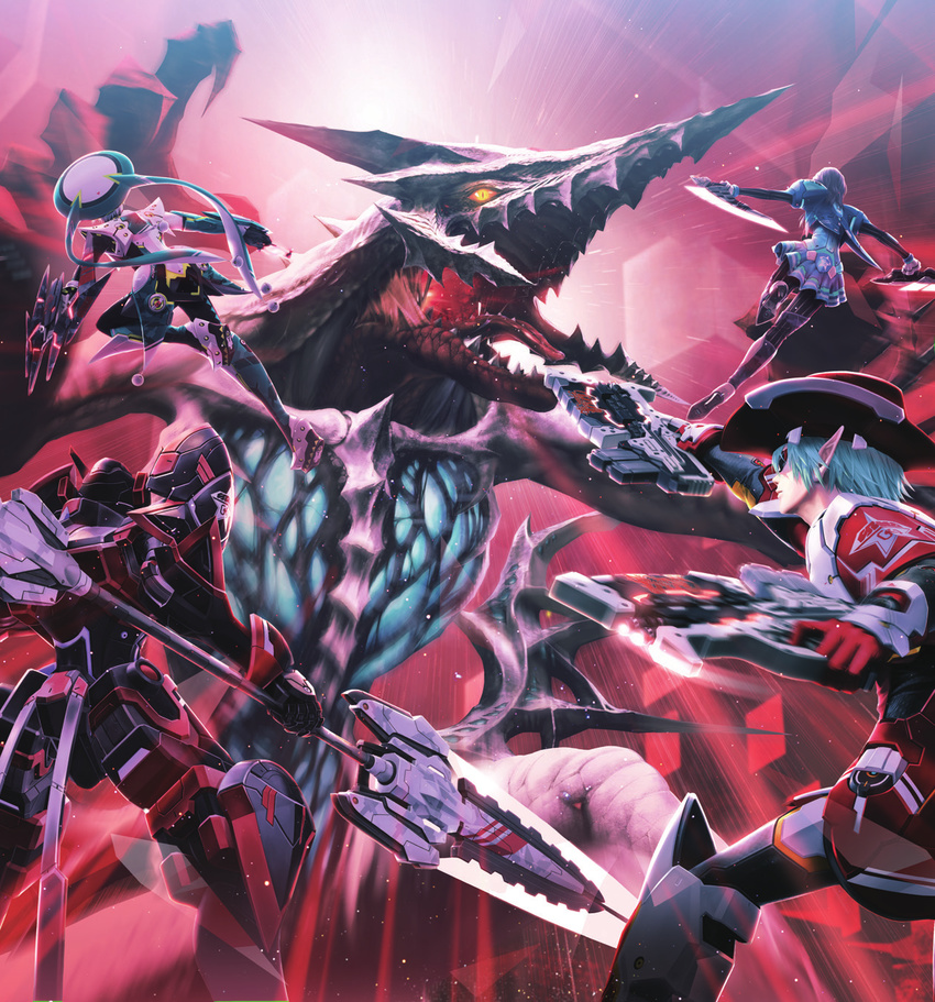 3boys arms_up battle card chic_jaeger chrome_dragon cowboy_hat dragon dual_wielding energy_blade energy_weapon equestior female fonewm from_behind gun hat highres holding hucast motion_blur multiple_boys open_mouth phantasy_star phantasy_star_online_2 pointy_ears reverse_grip ronia_series scan weapon weiss_croon