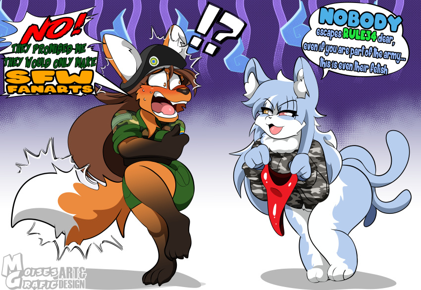 absurd_res anthro biped brazil canid canine duo female hi_res japan_air_self-defense_force male_(lore) mammal maned_wolf military miranda_(naythf) moisesgrafic omaneko_(jasdf) tagme