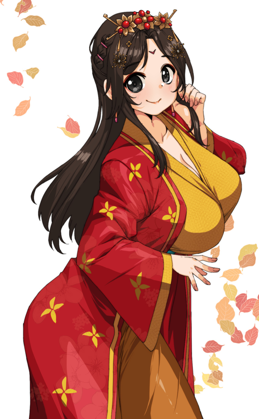 blush breasts chinese_clothes closed_mouth coat commission commissioner_upload dress eye_mask facial_mark female forehead_mark hair_ornament hairpin hand_in_own_hair hero's_adventure_road_of_passion highres large_breasts leaf leaf_background long_sleeves non-web_source pixiv_commission princess_fu_qing_(hero's_adventure_road_of_passion) rantia red_coat smile solo upper_body yellow_dress