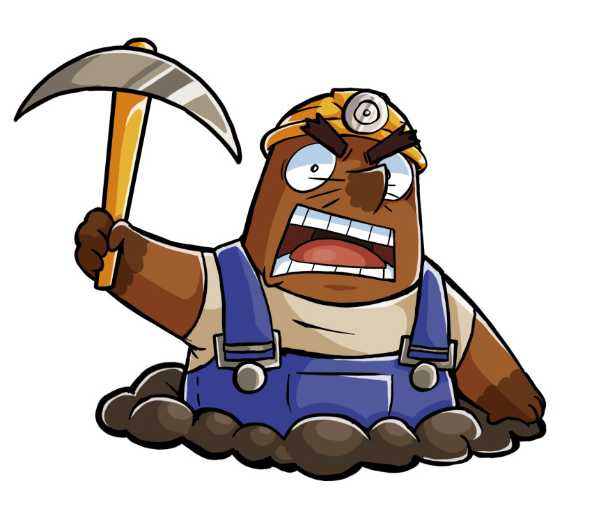 2023 alpha_channel angry animal_crossing anthro armor biped brown_body clothing eulipotyphlan hard_hat headgear helmet hi_res humanoid_hands mammal marimosgoldfish mole_(animal) mr._resetti nintendo overalls shirt simple_background slightly_chubby solo topwear transparent_background