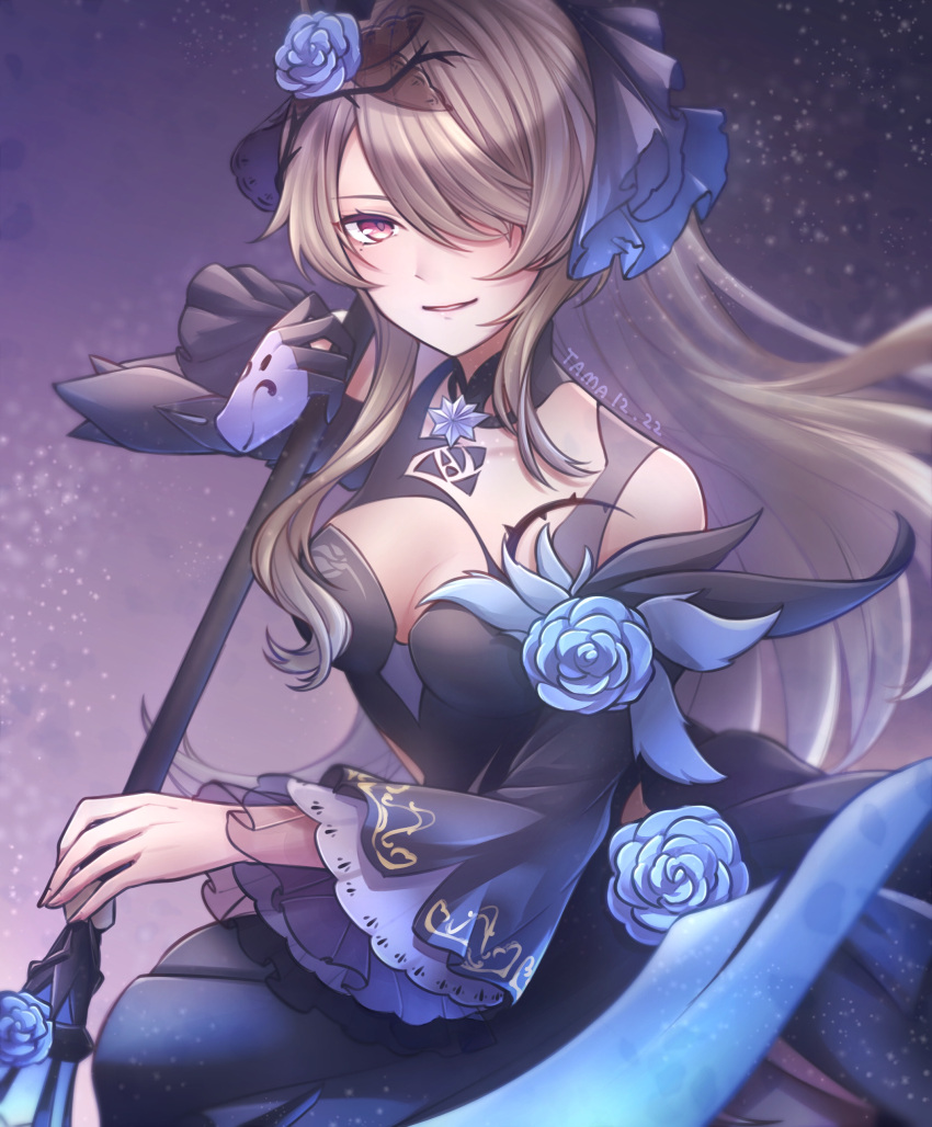 absurdres bad_id bad_pixiv_id breasts brown_hair cleavage commentary_request dress female flower gloves hair_flower hair_ornament highres holding holding_scythe holding_weapon honkai_(series) honkai_impact_3rd long_hair looking_at_viewer purple_dress purple_eyes purple_flower purple_gloves purple_rose purple_sleeves rita_rossweisse rita_rossweisse_(fallen_rosemary) rose scythe single_glove single_sleeve smile solo tamacha very_long_hair weapon