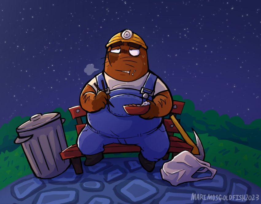 2023 animal_crossing anthro armor brown_body clothing eating eulipotyphlan food hard_hat headgear helmet hi_res humanoid_hands male mammal marimosgoldfish mole_(animal) mr._resetti night nintendo outside overalls overweight overweight_male shirt sitting solo star topwear