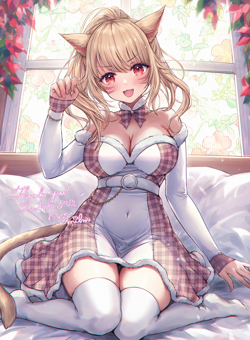 animal_ears bare_shoulders belt blonde_hair blush breasts cat_ears cat_girl cat_tail cleavage commission detached_sleeves dress facial_mark female final_fantasy final_fantasy_xiv fur-trimmed_dress fur_trim highres large_breasts long_hair looking_at_viewer miqo'te mirukurim oerba_yun_fang open_mouth original ponytail red_eyes sitting skeb_commission skin_fang tail thighhighs wariza warrior_of_light_(ff14) whisker_markings white_thighhighs window