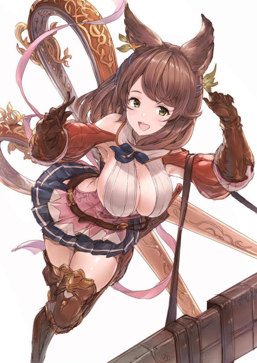 akita_hika animal_ears armored_boots boots breasts brown_hair cleavage clothing_cutout dress female gauntlets granblue_fantasy green_eyes highres holding_case la_coiffe_(granblue_fantasy) large_breasts leaning_forward long_hair long_sleeves looking_at_viewer open_mouth shoulder_cutout simple_background smile solo standing standing_on_one_leg teeth thighhighs upper_teeth_only white_background