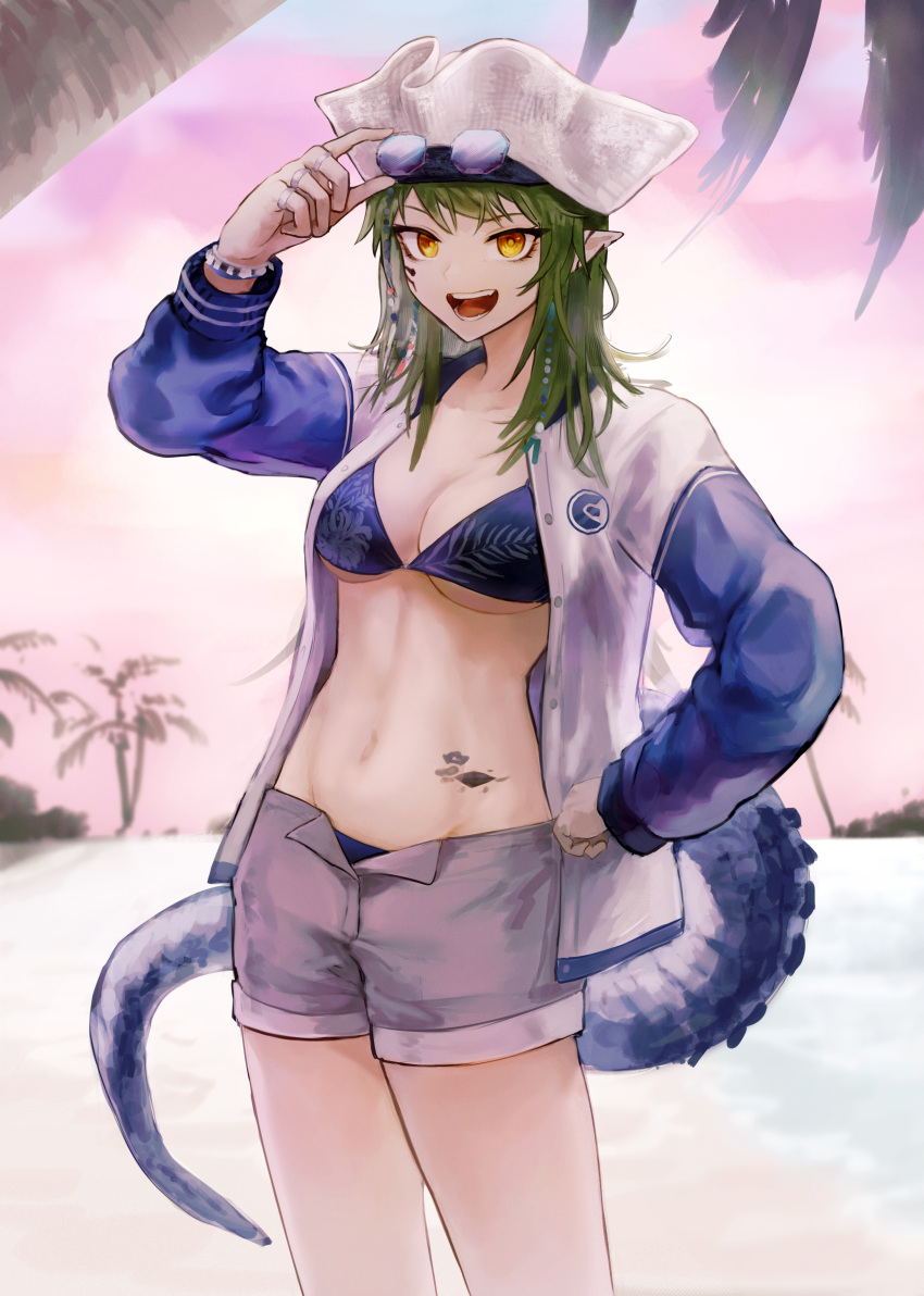 absurdres aiv arknights blue-tinted_eyewear breasts cleavage crocodilian_tail eyewear_on_head female gavial_(arknights) gavial_the_invincible_(arknights) gavial_the_invincible_(holiday)_(arknights) green_hair grey_shorts highres jacket long_hair long_sleeves looking_at_viewer material_growth navel octagonal_eyewear official_alternate_costume open_clothes open_fly open_jacket oripathy_lesion_(arknights) palm_tree pointy_ears short_shorts shorts smile solo standing stomach sunglasses tail tinted_eyewear tree white_headwear yellow_eyes