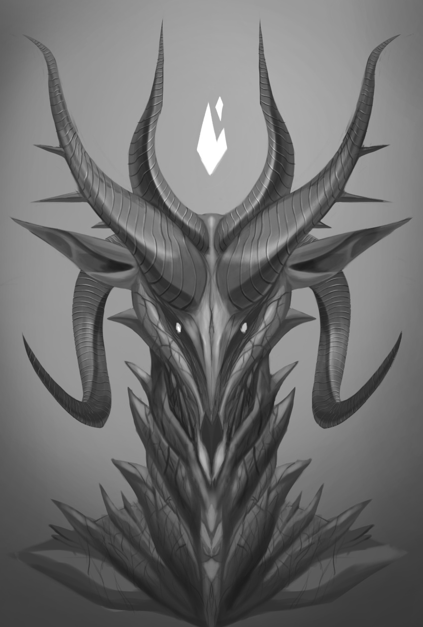 2022 6_horns absurd_res ambiguous_gender anterior_nasal_aperture anthro bust_portrait curled_horn curved_horn demon digital_media_(artwork) digital_painting_(artwork) fire front_view grey_background greyscale hi_res horn monochrome multi_horn neck_spikes portrait possumcrimes prick_ears scales simple_background solo spikes spikes_(anatomy) warhammer_(franchise)