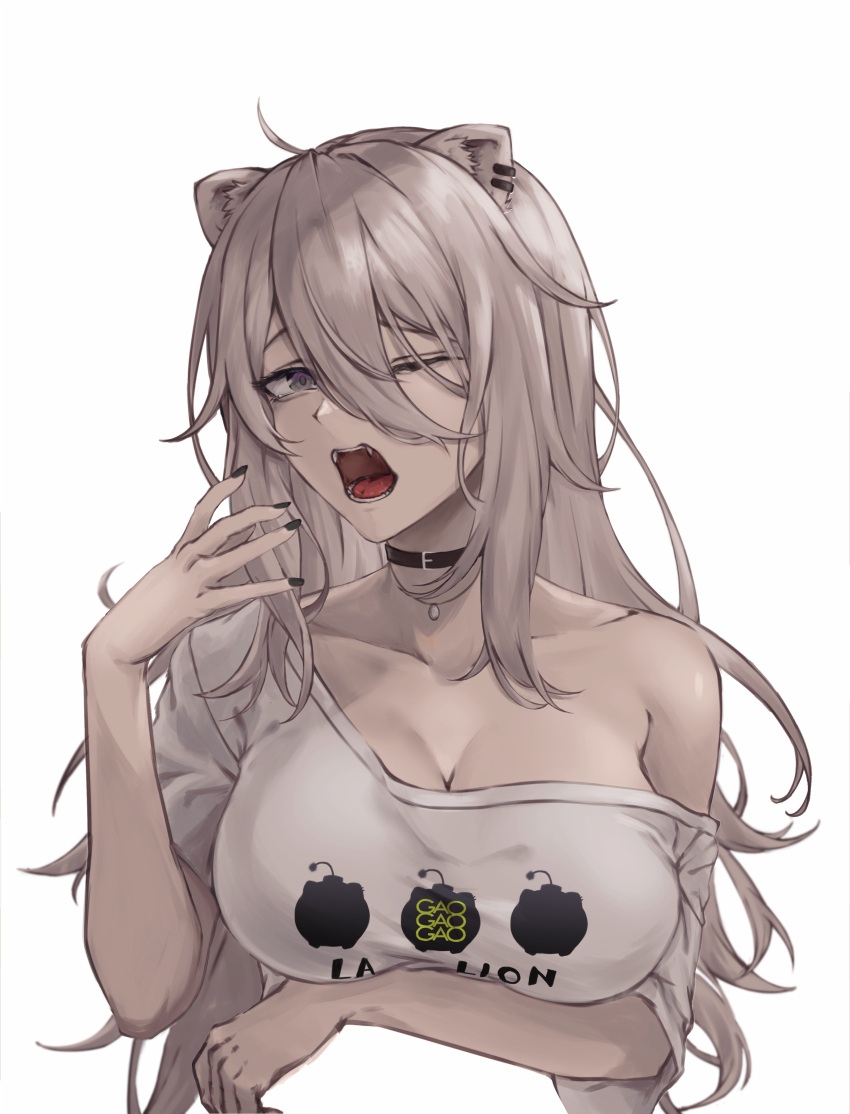 absurdres ahoge animal_ear_fluff animal_ear_piercing animal_ears black_choker black_nails breasts choker cleavage cropped_torso ear_piercing english_text fangs female grey_eyes grey_hair hair_between_eyes highres hololive jewelry large_breasts lion_ears long_hair looking_at_viewer loose_clothes loose_shirt messy_hair nail_polish necklace no_bra ocha_(ocha_illust) off_shoulder official_alternate_costume official_alternate_hairstyle one_eye_closed open_mouth piercing shirt shishiro_botan shishiro_botan_(casual) short_sleeves simple_background solo ssrb_(shishiro_botan) t-shirt teeth tongue virtual_youtuber white_background white_shirt yawning