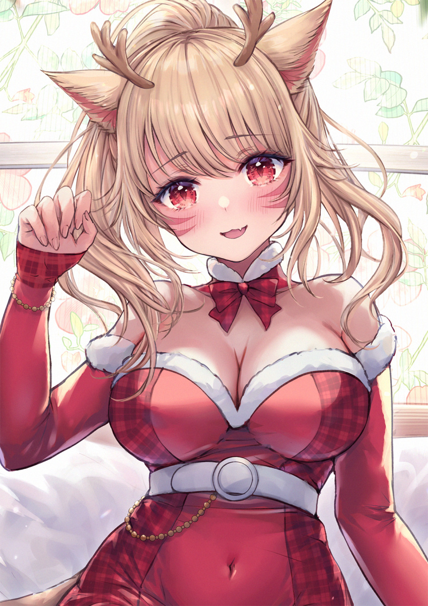 animal_ears bare_shoulders belt blonde_hair blush breasts cat_ears cat_girl cat_tail cleavage commission detached_sleeves dress facial_mark female final_fantasy final_fantasy_xiv fur-trimmed_dress fur_trim highres large_breasts long_hair looking_at_viewer miqo'te mirukurim oerba_yun_fang open_mouth original ponytail red_dress red_eyes sitting skeb_commission skin_fang tail warrior_of_light_(ff14) whisker_markings window