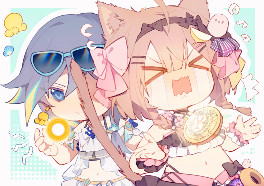 >_< 2girls ahoge anchor bikini blue-framed_eyewear blue_eyes blue_hair bow braid breasts chibi chinese_commentary closed_eyes closed_mouth coin commentary_request crying earrings eyewear_on_head food fruit fu_hua fu_hua_(seagull's_soar) fu_hua_(shadow_knight) grey_hair hair_between_eyes haruka_(rsyaooooo) highres honkai_(series) honkai_impact_3rd jewelry lemon lemon_slice light_frown long_hair low-tied_long_hair low_ponytail multiple_girls navel official_alternate_costume open_hands open_mouth orb pardofelis_(honkai_impact) pink_bow ponytail sleeveless small_breasts stomach streaming_tears sunglasses swimsuit tears upper_body v-shaped_eyebrows white_bikini