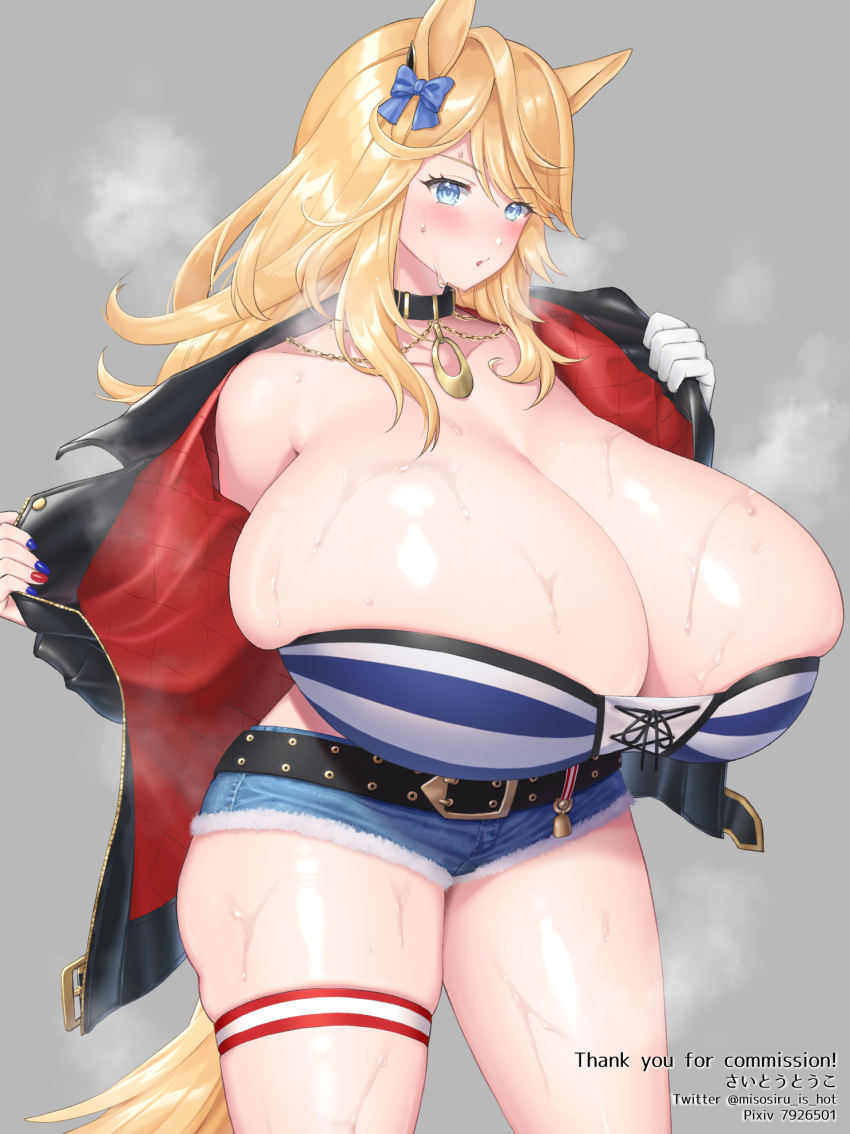 alternate_breast_size animal_ears bad_id bad_pixiv_id bandeau belt blonde_hair blue_eyes blush bow breasts bursting_breasts cleavage collar commentary_request commission denim denim_shorts ear_bow female gigantic_breasts gloves gold_city_(umamusume) highres horse_ears horse_girl horse_tail hot jacket micro_shorts multicolored_nails open_clothes open_jacket pendant_collar saitou_touko shorts single_glove skeb_commission solo sweat tail thigh_strap thighs umamusume white_gloves