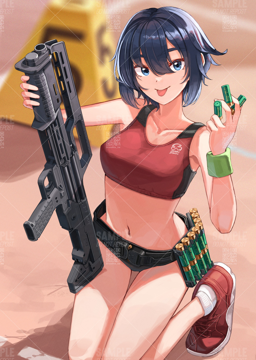 :p absurdres bare_shoulders between_fingers black_buruma black_hair blue_eyes blurry blurry_background breasts bullpup buruma closed_mouth collarbone commentary day depth_of_field dreadtie female gun hair_between_eyes highres holding holding_gun holding_weapon indoors kel-tec_ksg kneeling looking_at_viewer medium_breasts navel original outdoors pump_action qr_code red_footwear sample_watermark shoes shotgun shotgun_shell smile socks solo thick_eyebrows tongue tongue_out watermark weapon white_socks