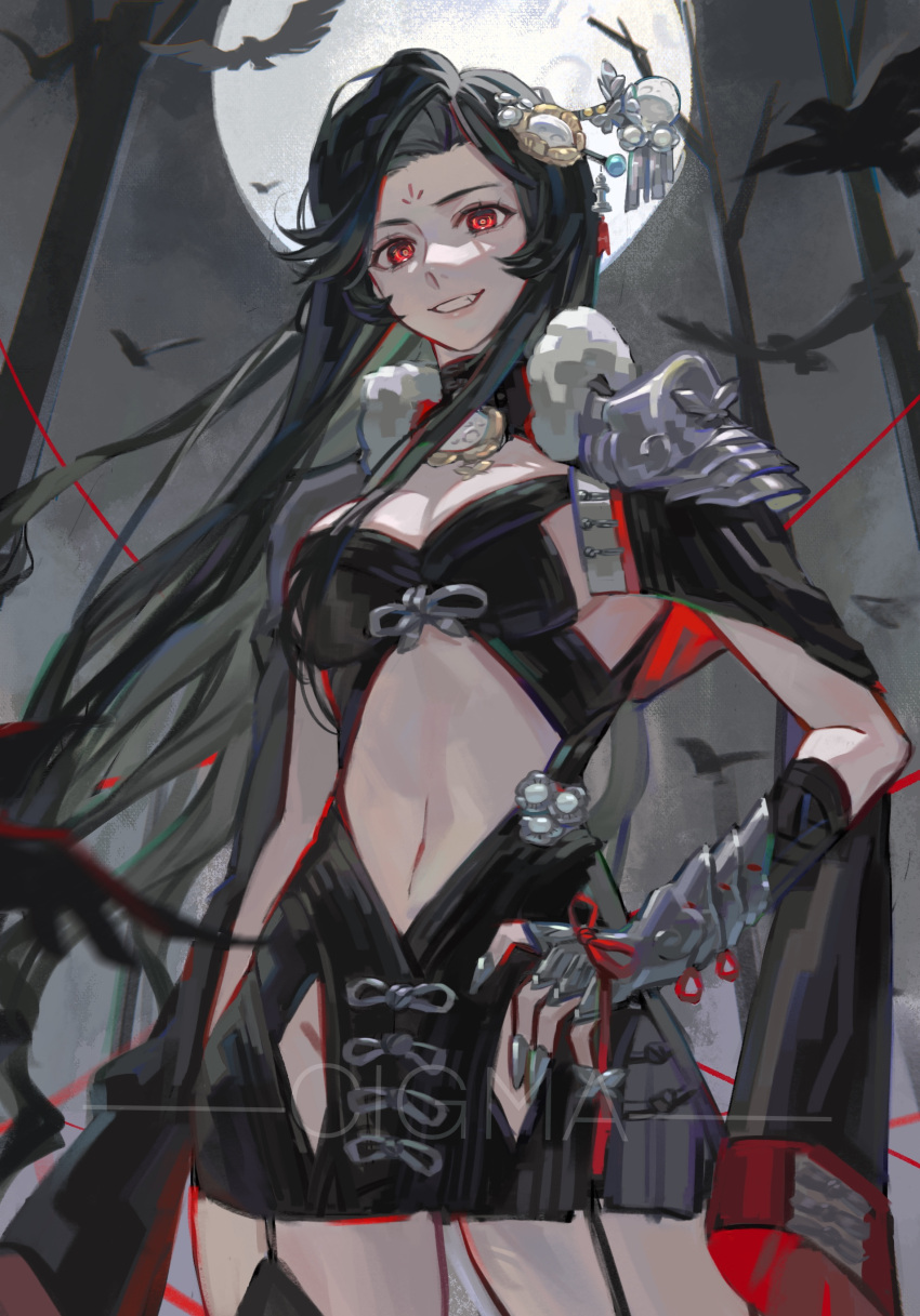 absurdres bare_tree bird black_bird black_dress black_hair breasts cigma cleavage clothing_cutout commission detached_collar dress facial_mark female forehead_mark garter_straps gauntlets hair_ornament highres long_hair looking_at_viewer midriff moon navel night night_sky oerba_yun_fang original red_eyes sideboob silver_ribbon sky smile teeth tree very_long_hair