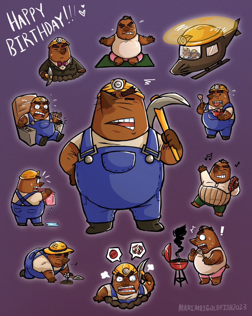 2023 absurd_res aircraft angry animal_crossing anthro armor belly bottomwear brown_body closed_eyes clothing cooking don_resetti duo english_text eulipotyphlan flower hard_hat hat headgear headwear helicopter helmet hi_res male mammal marimosgoldfish mole_(animal) mr._resetti musical_note nintendo overalls overweight overweight_male plant shirt shorts sitting solo straw_hat suit text topwear vehicle