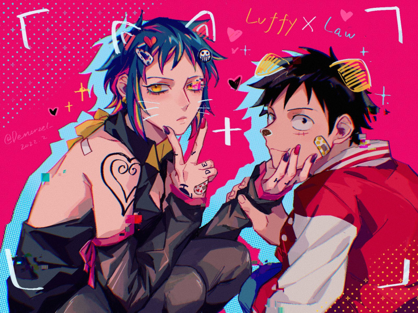 1boy bandaid bandaid_on_face bandaid_on_hand black_hair breasts closed_mouth commentary_request couple demorzel detached_sleeves drawn_ears drawn_whiskers female genderswap_(mtf) hair_ornament hairclip hand_on_another's_face hand_tattoo heart highres holding_another's_wrist jacket looking_at_viewer monkey_d._luffy one_piece pants pink_nails purple_nails rule_63 scar scar_on_cheek scar_on_face short_hair shoulder_tattoo smile sparkle squatting sticker straight tattoo trafalgar_law yellow_eyes