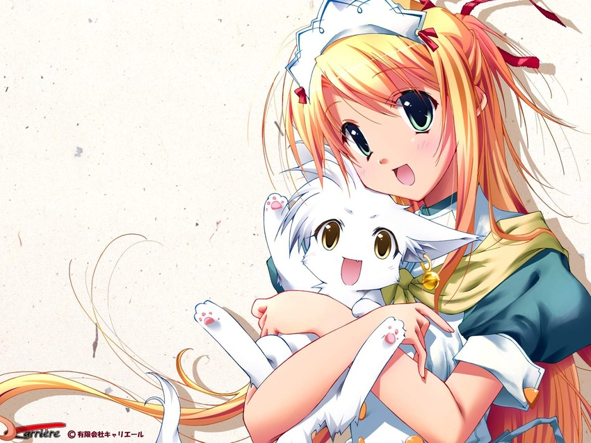 animal bell blonde_hair earrings feline female green_eyes half_updo happy highres holding hug jewelry kokonoka koma_(ouka) long_hair maid oerba_yun_fang ouka_(game) pet ribbon smile solo sorune very_long_hair yellow_eyes