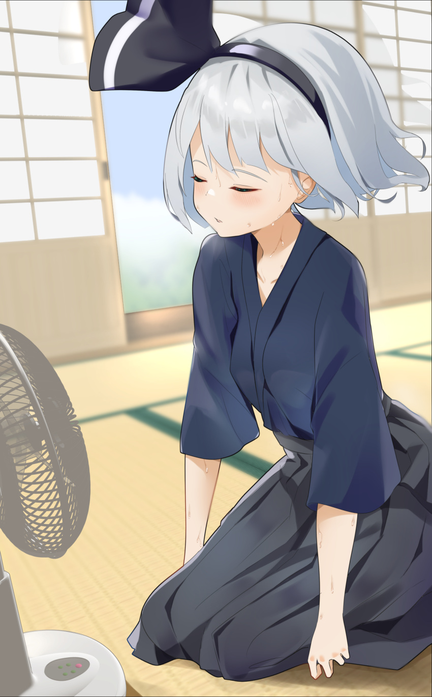 258n absurdres blue_sky cloud cloudy_sky electric_fan fanning_self female highres hot konpaku_youmu open_mouth seiza short_hair sitting sky solo sweat tatami touhou white_hair