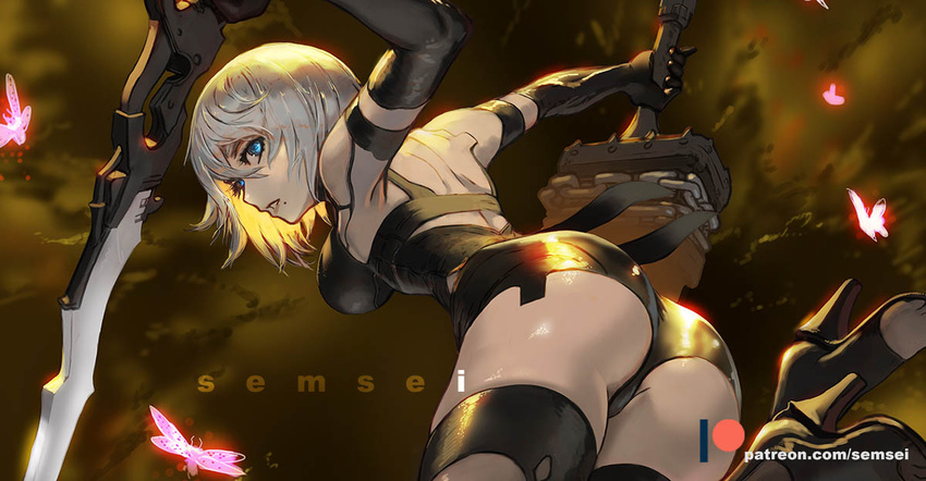 a2_(nier:automata) android armlet ass bare_shoulders black_gloves black_shorts blue_eyes breasts bug butterfly commentary david_semsei dual_wielding elbow_gloves female from_below gloves hair_between_eyes high_heels holding holding_sword holding_weapon joints large_breasts mole mole_under_mouth nier:automata nier_(series) photoshop_(medium) pink_lips robot_joints short_hair shorts solo sword tank_top thighs weapon white_hair