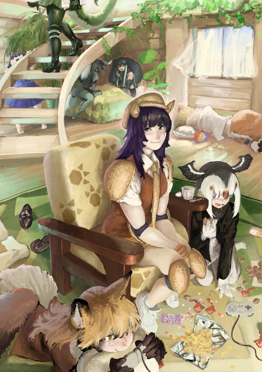 6+girls african_elephant_(kemono_friends) animal_ears arm_rest arm_support armadillo_ears armchair armor atlantic_puffin_(kemono_friends) bag_of_chips ball barefoot bird_wings black_hair black_wildebeest_(kemono_friends) blonde_hair blush boots chair chips_(food) closed_mouth common_dolphin_(kemono_friends) controller cookie curtains day easy_chair elbow_gloves elbow_pads elephant_ears ezo_red_fox_(kemono_friends) fisheye food fox_ears fox_girl fox_tail friends fur_collar game_controller gamepad giant_armadillo_(kemono_friends) gloves hat head_wings highres holding holding_controller holding_game_controller horns indoors jacket kemono_friends kemono_friends_3 knee_pads kneeling knees_together_feet_apart leaf leaning_forward lion_(kemono_friends) lion_tail long_hair long_sleeves looking_at_another looking_at_object looking_at_viewer looking_up lying multicolored_hair multiple_girls on_bed on_side on_stomach open_mouth open_window own_hands_together plant playing_games potato_chips r_birdy red_hair scarf shirt shoes short_sleeves shoulder_armor sitting sleeveless sleeveless_shirt smile snack snake_tail sneakers stairs super_famicom_gamepad tail toes vest vines walking white_hair wind window wings wooden_floor