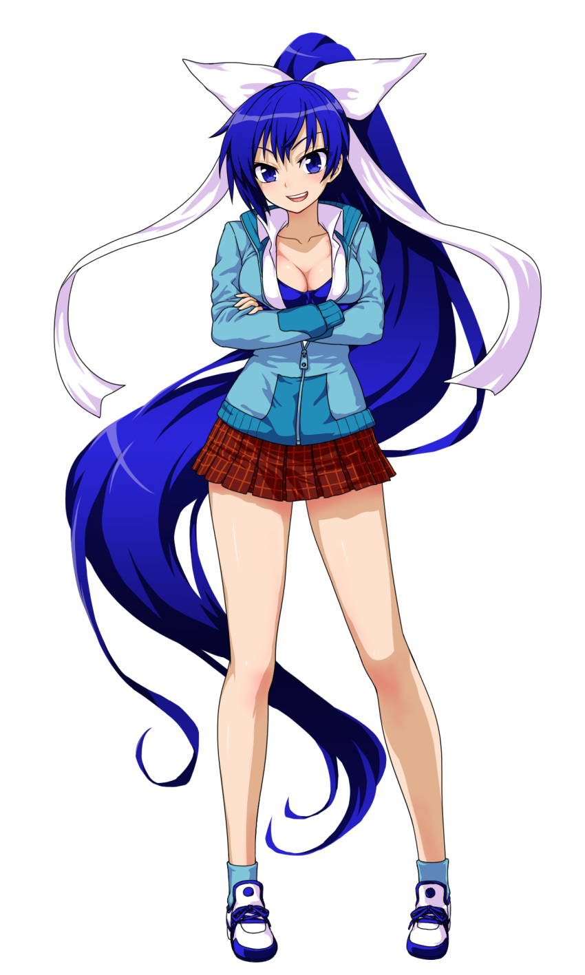 :d absurdly_long_hair blue_hair blue_jacket blue_socks blush bow breasts cleavage crossed_arms female full_body highres itou_yuuji jacket large_breasts long_hair long_sleeves looking_at_viewer miniskirt open_mouth pigeon-toed plaid plaid_skirt pleated_skirt ponytail purple_eyes quiz_magic_academy red_skirt shoes simple_background skirt smile socks solo standing very_long_hair white_background white_bow yuri_(quiz_magic_academy)