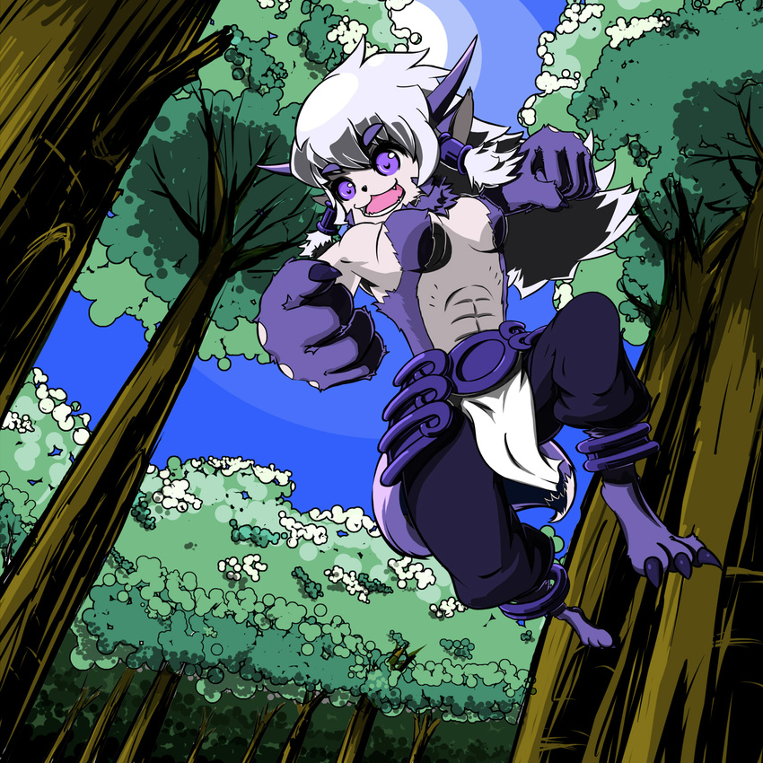 abs animal_ears baggy_pants blue_eyes borrowed_character breasts clenched_hands colorized commentary_request dutch_angle fangs female forest furry furry_female grey_hair hair_tubes highres horns jumping loincloth long_hair nature nise_maou_kemozeru no_nipples pants revision solo st926 tail topless tree wolf_ears wolf_tail yuusha_to_maou