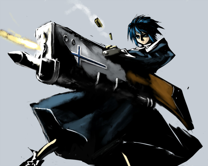 blue_hair bullet casing_ejection ciel_(tsukihime) commentary_request cross female firing gun habit huge_weapon kotorippi md5_mismatch nun pile_bunker seventh_holy_scripture shell_casing solo tsukihime weapon