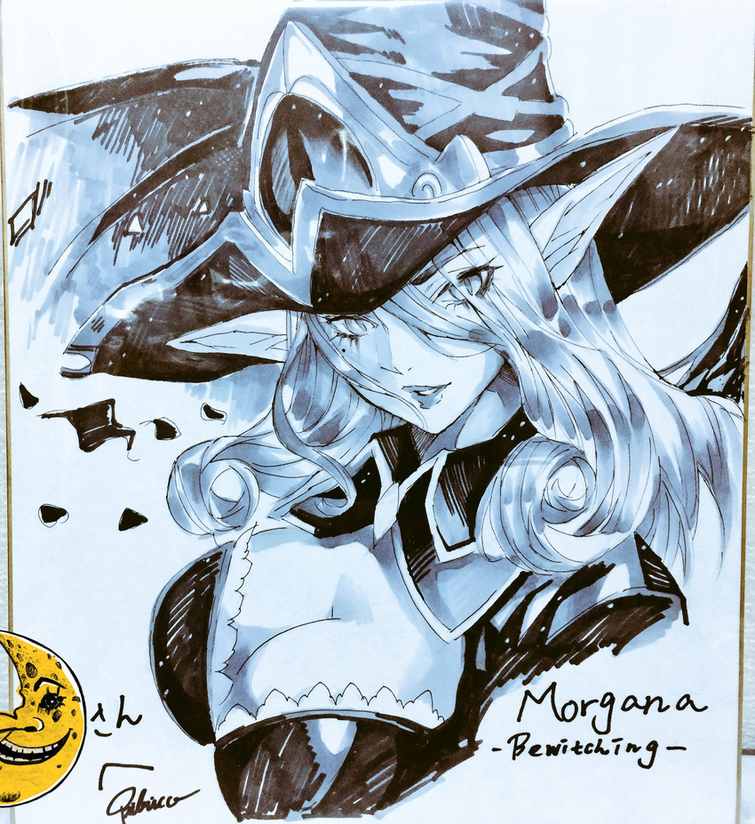 bad_id bad_pixiv_id bewitching_morgana bibico blue_theme breasts cleavage commentary detached_collar female from_above hat highres large_breasts league_of_legends lips long_hair monochrome moon morgana_(league_of_legends) parted_lips pointy_ears shikishi slit_pupils solo traditional_media witch_hat