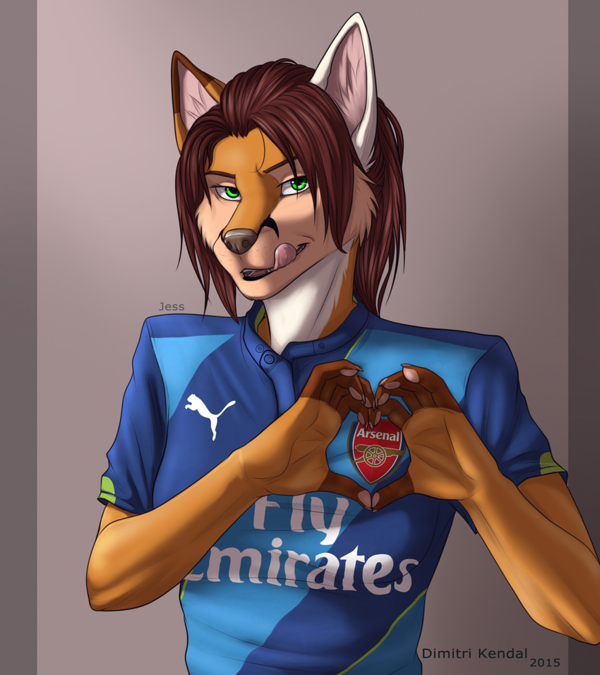 2015 anthro arsenal_fc brown_body brown_fur brown_hair canid canine clothed clothing english_text female fox fur hair half-closed_eyes hastogs heart_symbol hi_res jersey looking_at_viewer mammal narrowed_eyes open_mouth print_clothing print_jersey print_topwear puma_(company) simple_background smile solo teeth text text_on_clothing text_on_jersey text_on_topwear text_print tongue tongue_out topwear