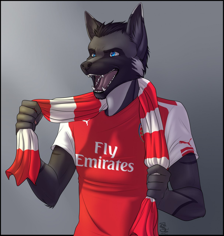 2014 anthro arsenal_fc biped black_hair black_nose blue_eyes canid canine clothed clothing digital_media_(artwork) english_text excited fangs fur grey_background grey_body grey_fur hair hastogs hi_res jersey male mammal open_mouth print_clothing print_jersey print_topwear puma_(company) scarf shaded simple_background smile soccer solo sport standing teeth text text_on_clothing text_on_jersey text_on_topwear text_print tongue topwear