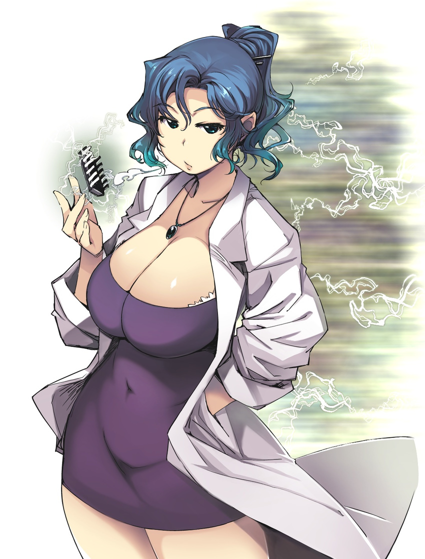 aqua_eyes blouse blue_hair breasts cleavage commentary_request computer_chip covered_navel dress electricity female hand_in_pocket highres huge_breasts jewelry lab_coat mature_female mil_(xration) necklace ponytail ragnarok_online shirt sigh solo standing taut_clothes taut_dress verity