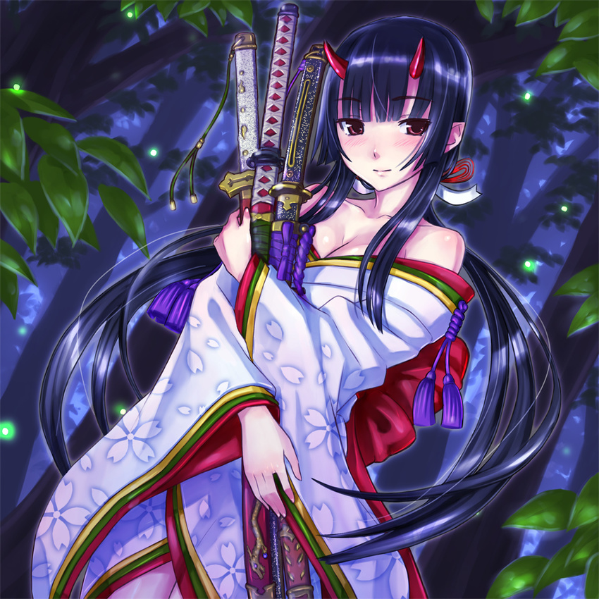 bare_shoulders black_hair blush breasts cleavage collarbone commentary_request female highres holding horns japanese_clothes katana kimono leaf long_hair looking_at_viewer medium_breasts obi red_eyes sash shimano_natsume shingoku_no_valhalla_gate sidelocks smile solo suzuka_gozen sword weapon