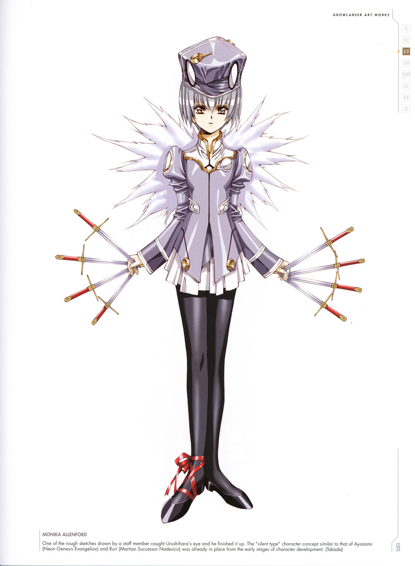 absurdres bow bowtie breasts brown_eyes character_name dagger dress dual_wielding female full_body grey_hair growlanser growlanser_iii hat high_heels highres holding holding_weapon juliet_sleeves knife long_sleeves looking_at_viewer monika_allenford official_art pantyhose puffy_sleeves scan short_dress short_hair small_breasts solo standing turtleneck urushihara_satoshi weapon wings