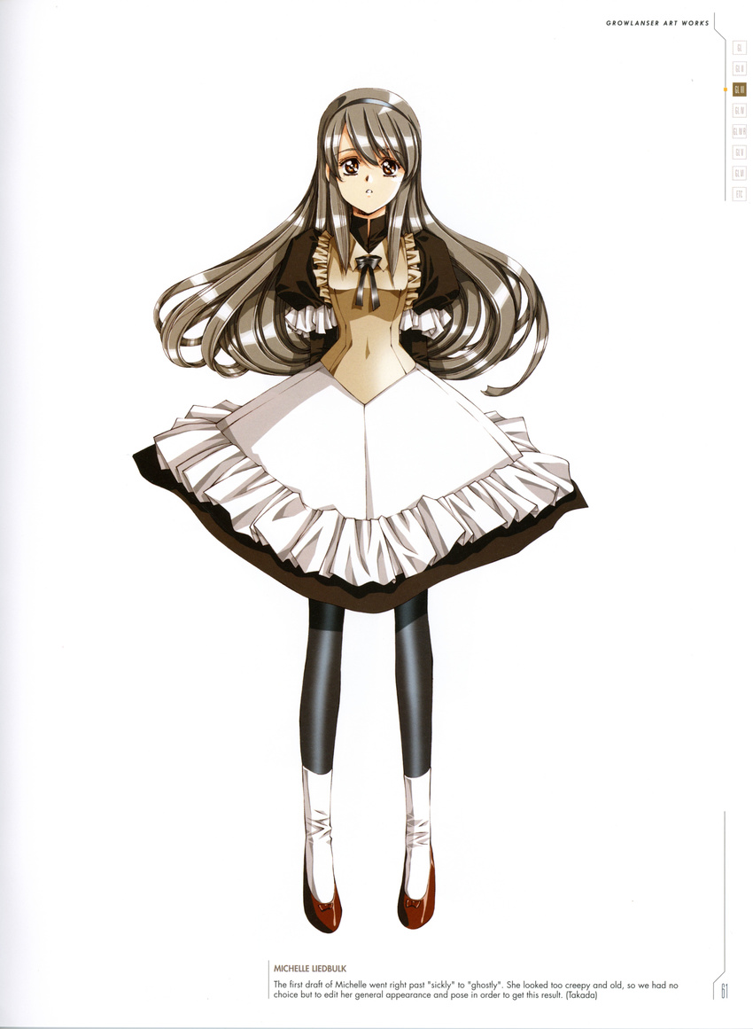 absurdres bow bowtie breasts brown_eyes brown_hair character_name dress female frills full_body growlanser growlanser_iii hairband high_heels highres juliet_sleeves long_hair long_sleeves medium_breasts michelle_liedbulk official_art pantyhose parted_lips puffy_sleeves scan solo standing urushihara_satoshi