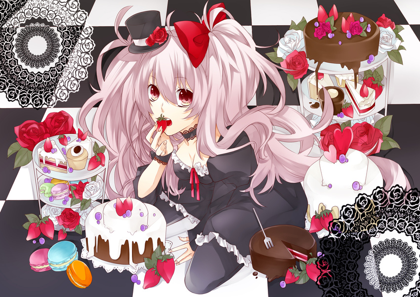 ao flowers food hat long_hair purple_hair red_eyes twintails