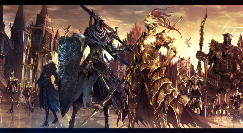 2girls 3boys 6+others absurdres armor armored_dress army artorias_the_abysswalker bad_id bad_pixiv_id blue_capelet bow_(weapon) braid breastplate building capelet castle church cloud cloudy_sky commentary_request dark_souls_(series) dark_souls_i darkmoon_knightess dragon_slayer_ornstein fake_horns faulds feet_out_of_frame full_armor full_body gargoyle gauntlets glint gold_armor greatsword greaves hawkeye_gough helmet highres holding holding_bow_(weapon) holding_polearm holding_shield holding_sword holding_weapon hood horned_helmet horns leg_armor letterboxed light_rays looking_away lord's_blade_ciaran mask mono_(jdaj) multiple_boys multiple_girls multiple_others over_shoulder pauldrons plate_armor plume polearm ponytail sentinel_(dark_souls) shield shoulder_armor silver_knight_(dark_souls) single_braid sky spear standing sunlight surcoat sword tower vambraces weapon window