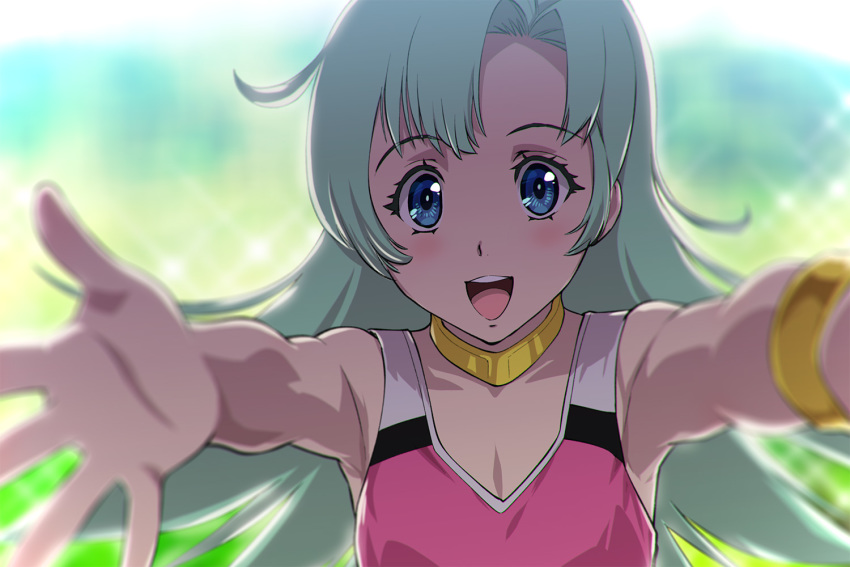 :d android blue_eyes blurry blurry_background bracelet choujikuu_seiki_orguss collar day female green_hair jewelry long_hair looking_at_viewer mome_(orguss) mu_(orguss) open_mouth outdoors outstretched_arms parted_bangs smile solo ueyama_michirou upper_body