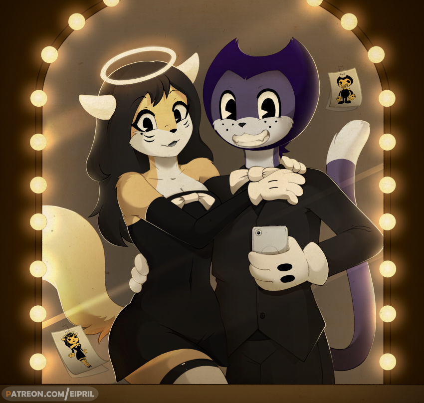 alice_angel angel anthro bendy_and_the_ink_machine bendy_the_dancing_demon black_body bow_tie breasts canid canine cellphone clothed clothing cosplay cute_fangs demon digital_media_(artwork) domestic_cat duo eipril electronics elisabeth_(eipril) felid feline felis female fleischer_style_toon fox fur gloves hair halo handwear hi_res horn humanoid interspecies looking_at_viewer male male/female mammal open_mouth phone romantic romantic_couple rouen_(eipril) smartphone smile text toony url