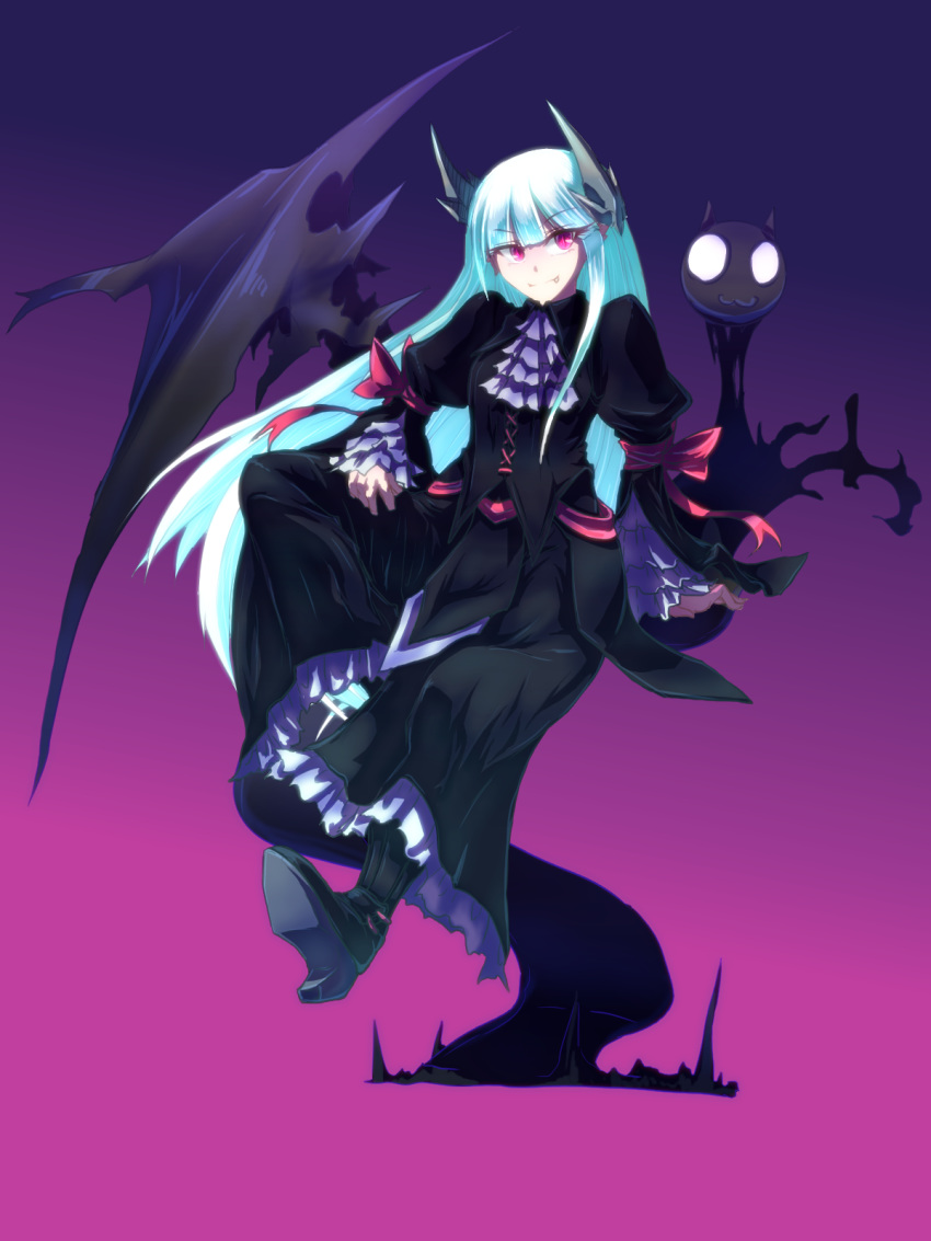 black_dress black_footwear blue_hair blunt_bangs bow closed_mouth dress female floating frills gradient_background headwear_request highres long_hair marupon oerba_yun_fang original purple_eyes red_bow slit_pupils smile solo wings