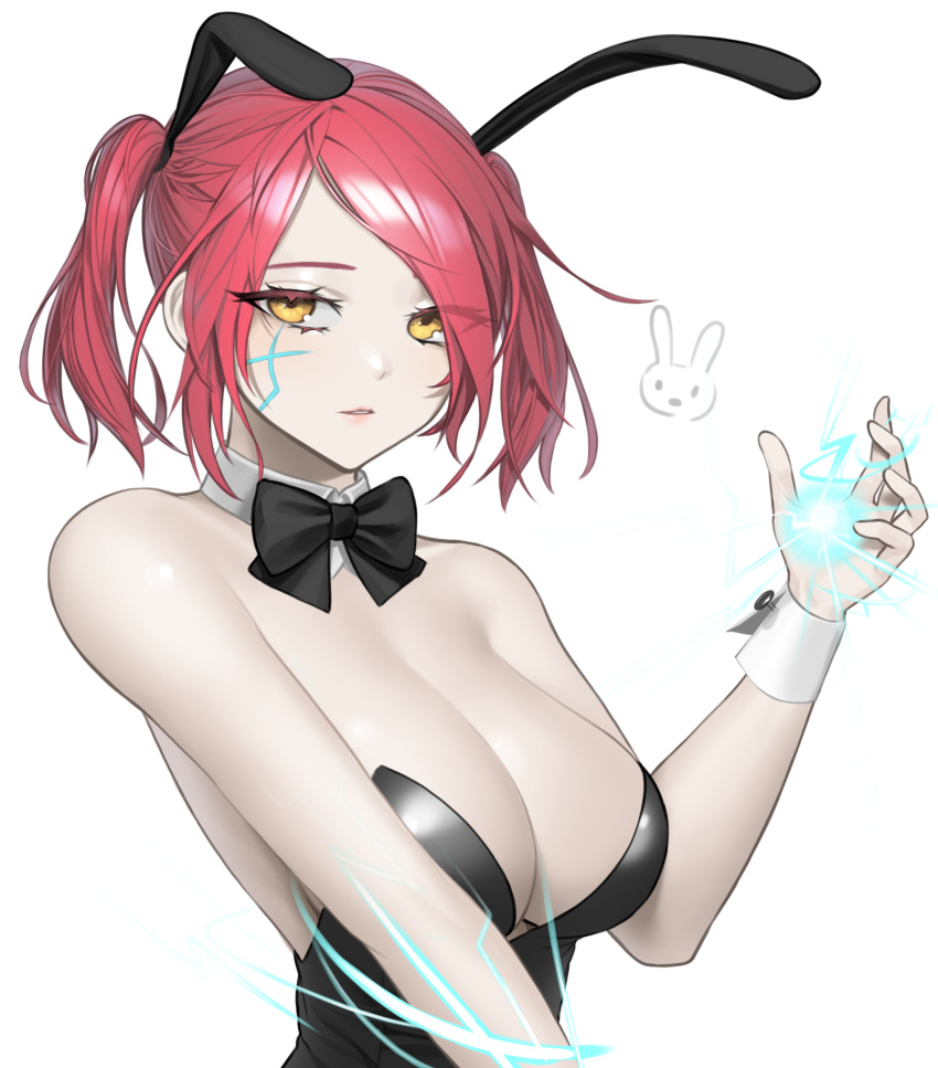 animal_ears bad_id bad_pixiv_id bare_shoulders black_bow black_bowtie black_leotard bow bowtie breasts cleavage commentary cyphers detached_collar fake_animal_ears female hand_up highres large_breasts leotard looking_at_viewer norunollu parted_lips playboy_bunny rabbit_ears red_hair short_hair simple_background solo strapless strapless_leotard sydney_(cyphers) twintails upper_body white_background yellow_eyes